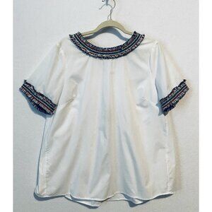 Pleione Anthropologie Top Womens Medium White Poplin Embroidered Fringe